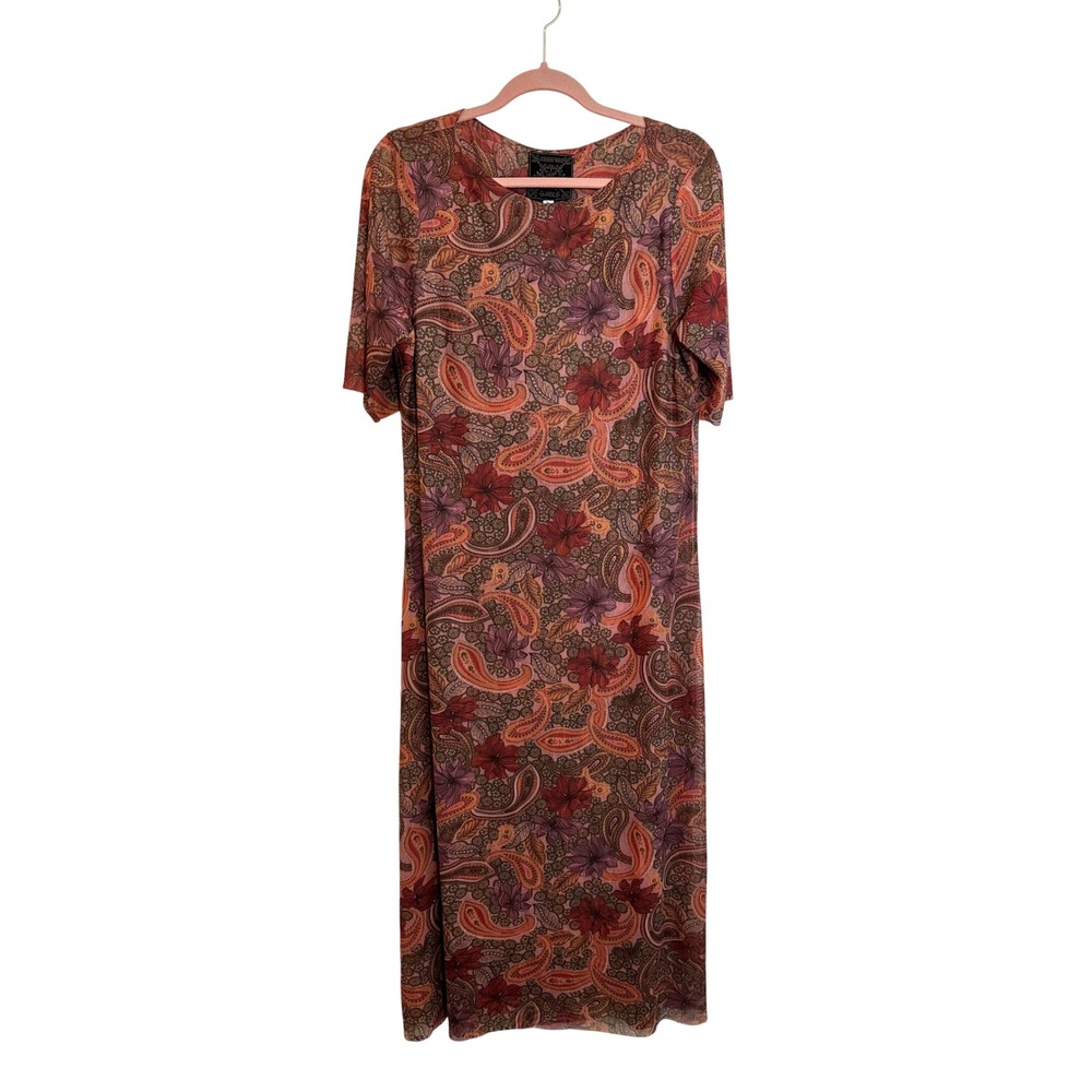 Johnny Was Jade Haley Midi Dress Size XL Pink Brown Mesh Paisley Floral Boho NEW